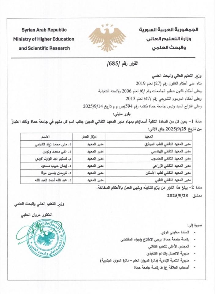 باقتراح من السيد الأستاذ الدكتور “عبد الكريم قلب اللوز ” رئيس جامعة حماة، يعين كل من السادة التالية اسماؤهم بمهام مدير/ة المعهد التقاني المبين جانب كل اسم منهم في جامعة حماة اعتباراً من تاريخ 2025/9/29 وذلك على القرار المرفق بالصورة التالية .